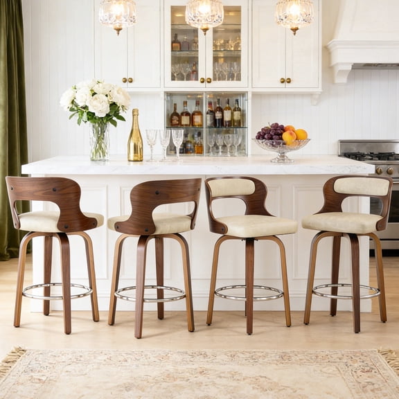 ClinQ 26 inch Swivel Bar Stools Set of 4, Counter Height Bar Chairs with Walnut Legs and Silver Ring Footrest, Upholstered Faux Leather, Beige