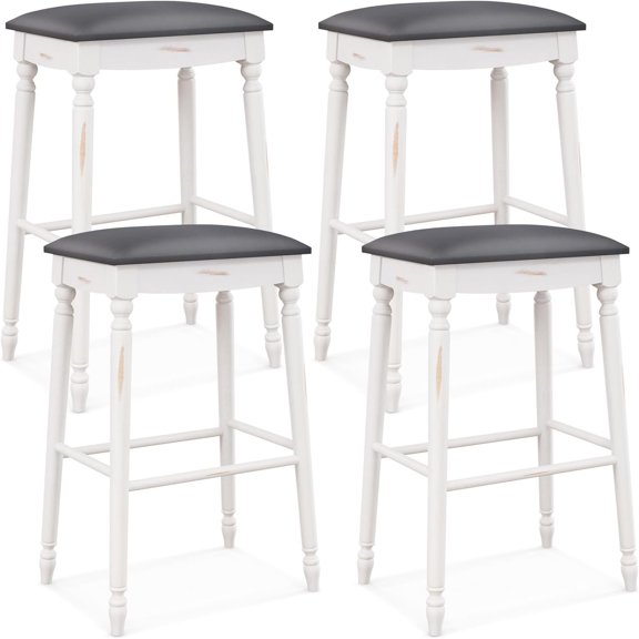 Bar Stools Set of 4, 29" Bar Height Saddle Stools w/Padded Seat, Rubber Wood Legs, Footrests & Antiqued Surface, Upholstered Backless Barstools for Kitchen Island, Home Bar, Antique White