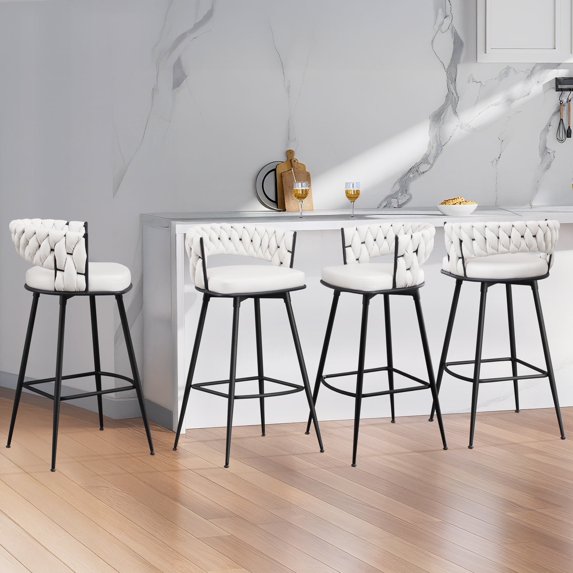 Bar Stools Set of 4, 30" Counter Height Stools, 180° Swivel Woven Back Barstools with Metal Footrest, Modern Bar Stools for Kitchen Island, Cafe, Pub, Beige