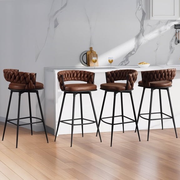 MYFUNT Bar Stools Set of 4, 30" Counter Height Stools, 180° Swivel Woven Back Barstools with Metal Footrest, Modern Bar Stools for Kitchen Island, Cafe, Pub, Brown