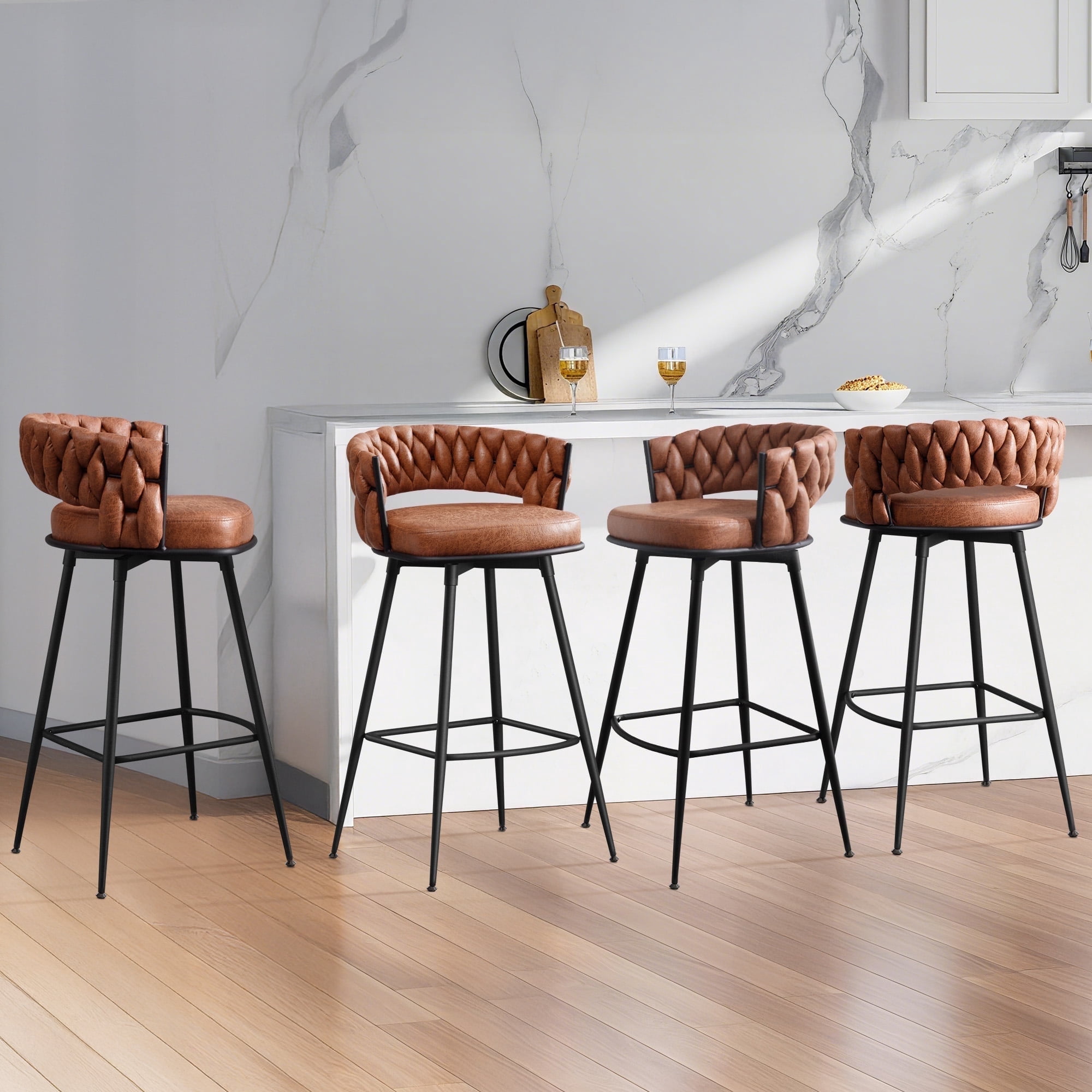 MYFUNT Bar Stools Set of 4, 30" Counter Height Stools, 180° Swivel Woven Back Barstools with Metal Footrest, Modern Bar Stools for Kitchen Island, Cafe, Pub, Whiskeybrown