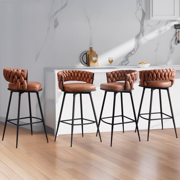 MYFUNT Bar Stools Set of 4, 30" Counter Height Stools, 180° Swivel Woven Back Barstools with Metal Footrest, Modern Bar Stools for Kitchen Island, Cafe, Pub, Whiskeybrown