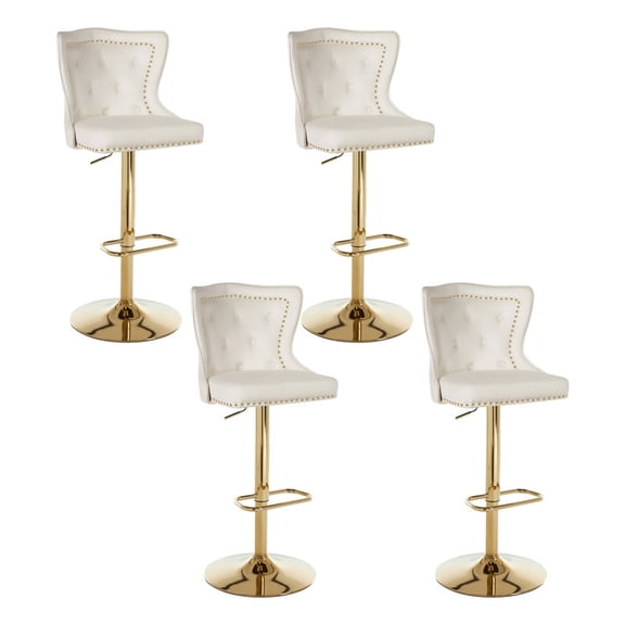 Bar Stools Set of 4, Adjustable Velvet Counter Bar Stools with Botton Tufted Back Swivel Upholstered Comfy Chairs Lion Head Pull Ring Gold Base for Kitchen Island, Dining Room, Cream