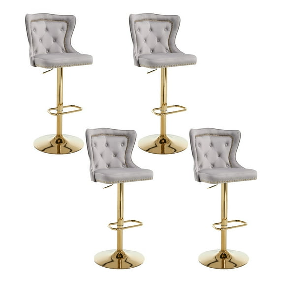 Bar Stools Set of 4, Adjustable Velvet Counter Bar Stools with Botton Tufted Back Swivel Upholstered Comfy Chairs Lion Head Pull Ring Gold Base for Kitchen Island, Dining Room, Grey