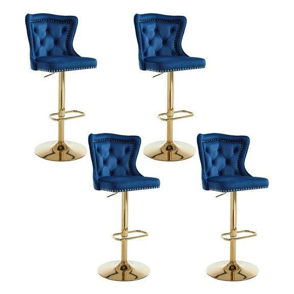 Bar Stools Set of 4, Adjustable Velvet Counter Bar Stools with Botton Tufted Back Swivel Upholstered Comfy Chairs Lion Head Pull Ring Gold Base for Kitchen Island, Dining Room, Dark Blue