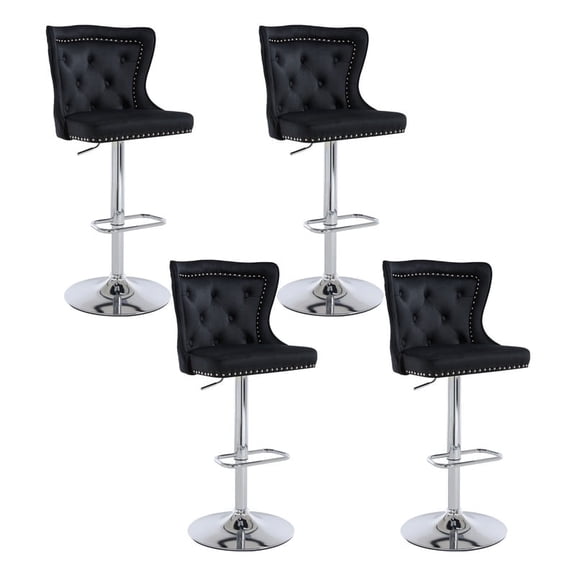 Bar Stools Set of 4, Adjustable Velvet Counter Barstools with Botton Tufted Back Swivel Upholstered Comfy Chairs Lion Head Pull Ring Silver Base for Kitchen Island, Dining Room, Black