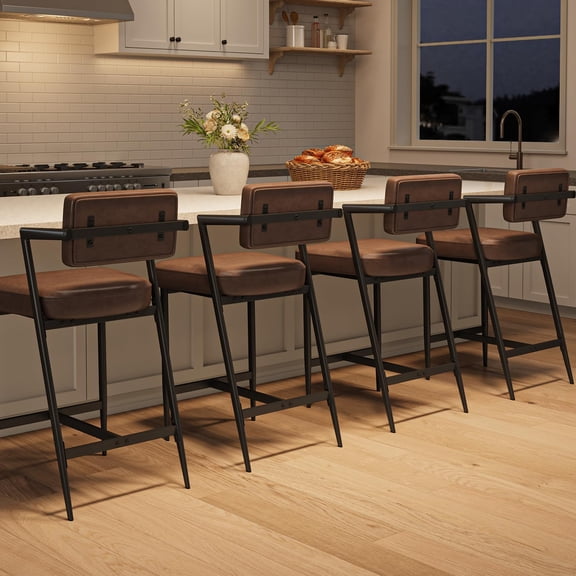 Bar Stools Set of 4 with Armrests, Counter Height Bar Stools of 4 with Backrest, Footrest, Thick Cushion & Thickened Metal Legs for Island, Counter Bar, Kitchen, Rustic Brown