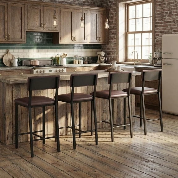 Bar Stools Set of 4 with Backrest and Footrest, 25 in Counter Height Bar Stools with Thick Cushion, Upholstered Kitchen Barstools for Dining Room, Bar, Retro Brown