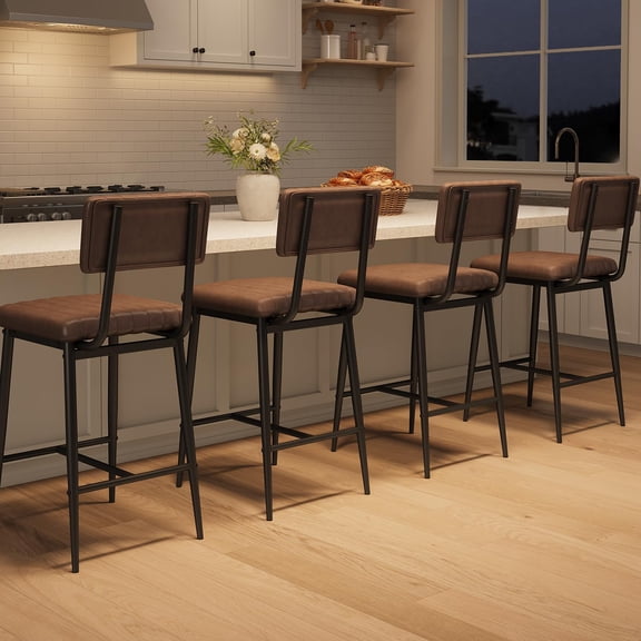 Bar Stools Set of 4 with Backrest and Footrest, Counter Height Bar Stools of 4 with Thick Cushion & Thickened Metal Legs for Island, Counter Bar, Kitchen, Retro Brown