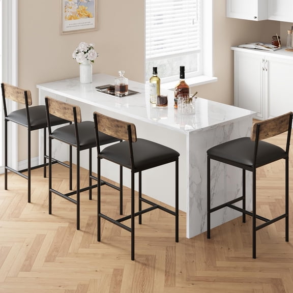 Bar Stools Set of 4, Counter Height Bar Stools with Back & Upholstered Wider Seat, 25.5" Kitchen Barstools with Footrest for Kitchen Island, Bars Counter, Easy Assembly, Retro Brown Modern Dining Cha