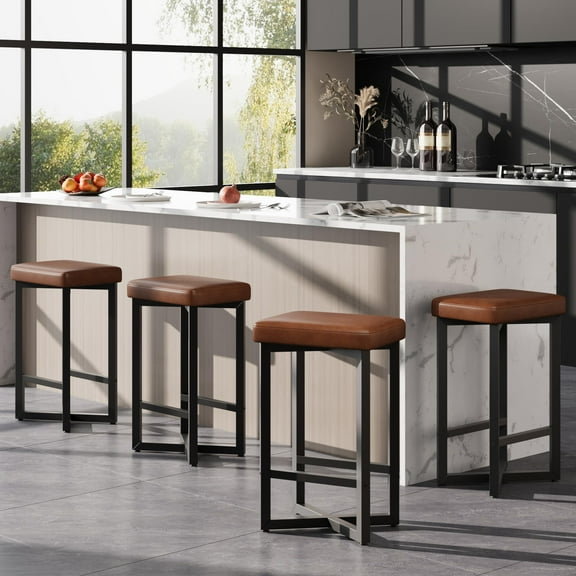 Bar Stools Set of 4, Counter Height Bar Stools, Upholstered PU Leather Seats, Mid-Century Modern Counter Stools, 24.6-Inch Tall, Kichen Home Bar Dining Room
