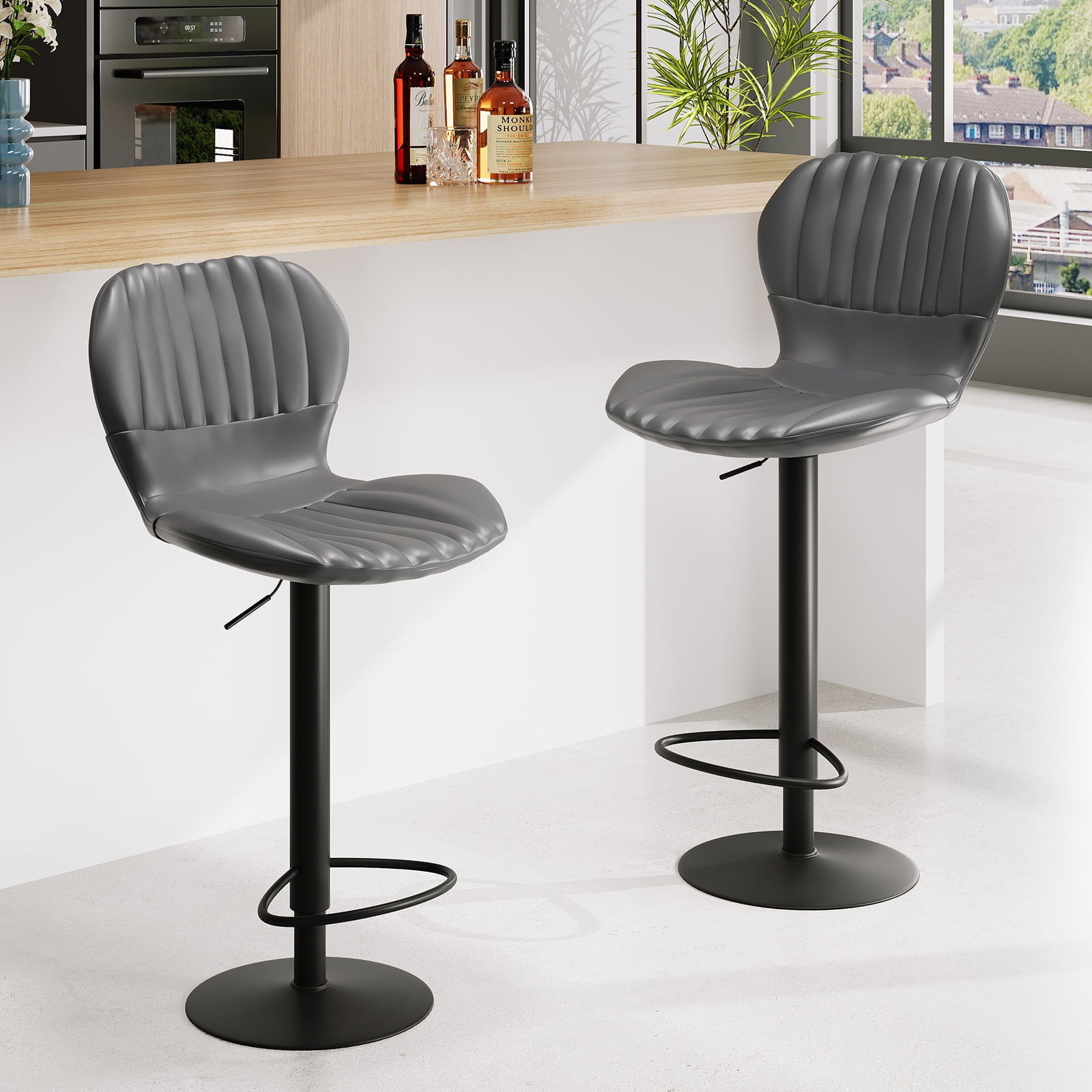 Gray Adjustable Swivel Bar Stools with High Backrest, Set of 4
