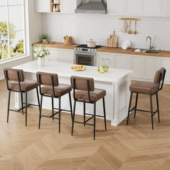 Bar Stools Set of 4, Faux Leather Counter Height Bar Stool with Back, Metal Legs, Modern Upholstered Barstool Chairs for Island, Counter Bar, Kitchen, Brown