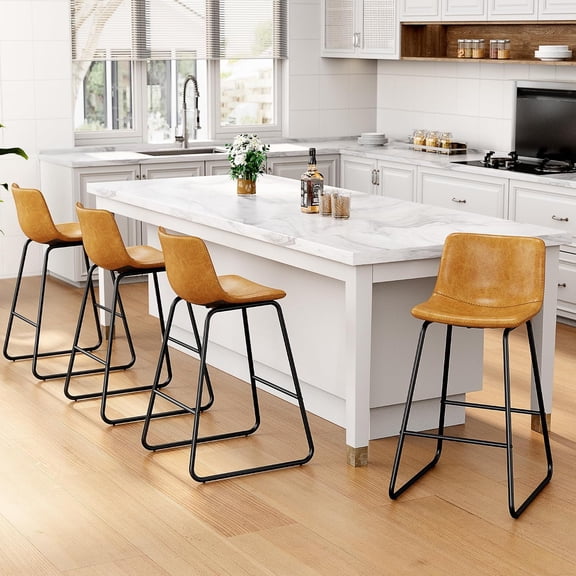Bar Stools Set of 4, Faux Leather Counter Height Stools, 26" Modern Barstools with Metal Legs and Footrest, Urban Armless Counter Chairs with Back for Kitchen Island (Brown)