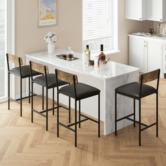 Bar Stools Set of 4, Kitchen Bar Stools with Footrest, 25.5 Inches Upholstered Bar Chairs with Back, 4 Counter Height Barstools for Counter Bar, Island, Easy Assembly, Rustic Brown