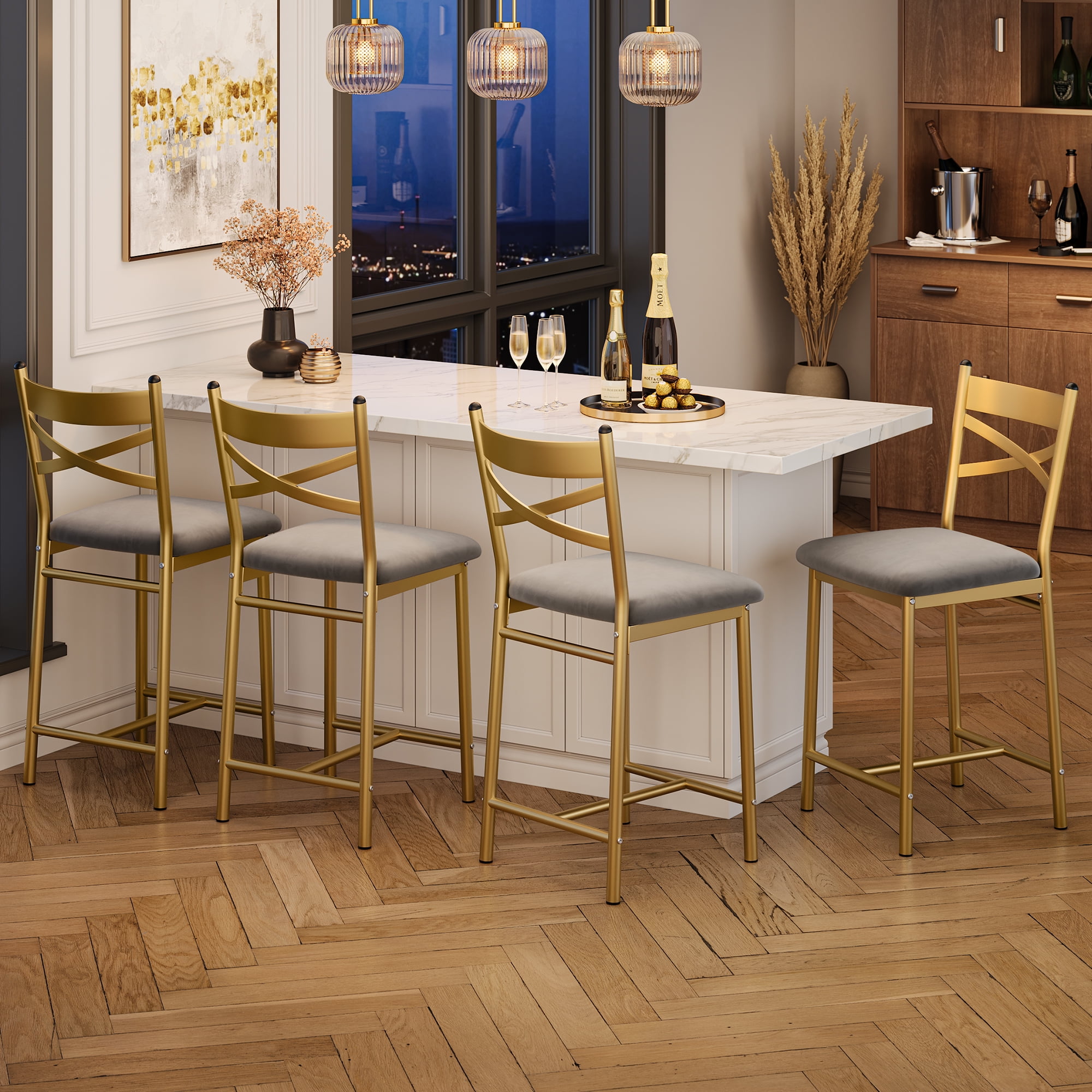 Bar Stools Set of 4, Metal Counter Height Bar Chairs with Back and ...