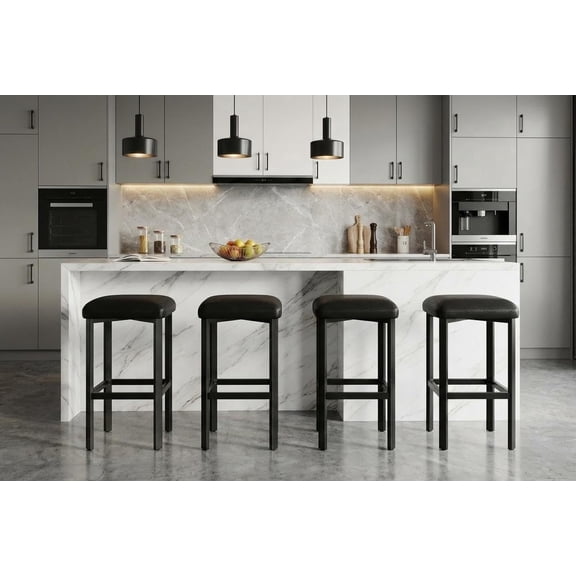 Bar Stools Set of 4, Modern Backless PU Leather Counter Height Stools with Footrest, 24-Inch Upholstered Seats for Kitchen Island, Sturdy Metal Frame with Adjustable Feet, Black