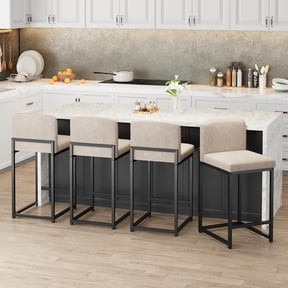 Bar Stools Set of 4, Modern Counter Height Bar Stools with Back and Footrest, Faux Leather Upholstered Barstools Chairs for Kitchen Island Dining Room Bar, Beige