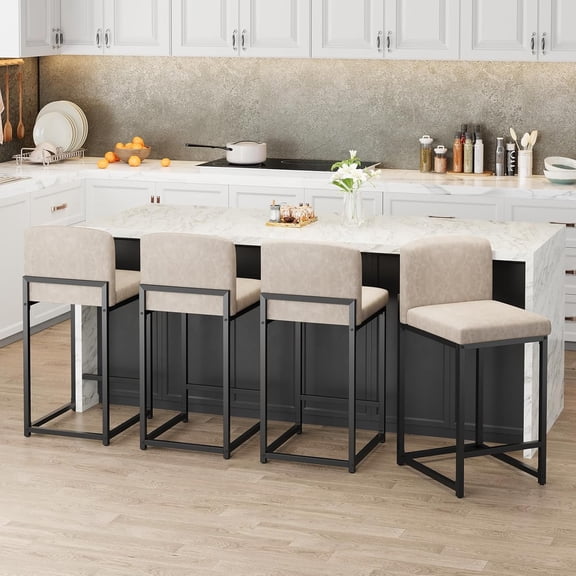 Bar Stools Set of 4, Modern Counter Height Bar Stools with Back and Footrest, Faux Leather Upholstered Barstools Chairs for Kitchen Island Dining Room Bar, Beige