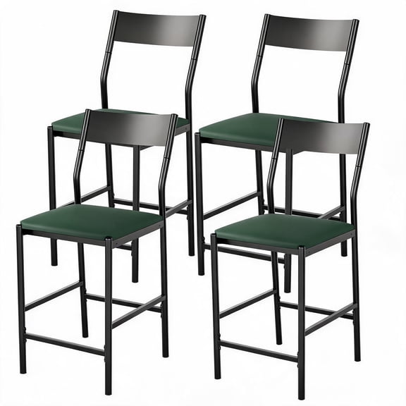 Bar Stools Set of 4, Modern Counter Height PU Leather Barstools with Curved Iron Backrest & Footrest, 300 lbs Capacity Iron Tube Frame for Kitchen Island, Dark Green