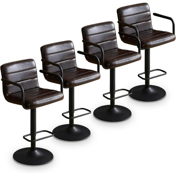 Bar Stools Set of 4, PU Leather Adjustable Height 360° Swivel Barstools with Backrest and Armrests, Counter Height Bar Chairs for Kitchen Island, Bar, Dining Room, Dark Brown