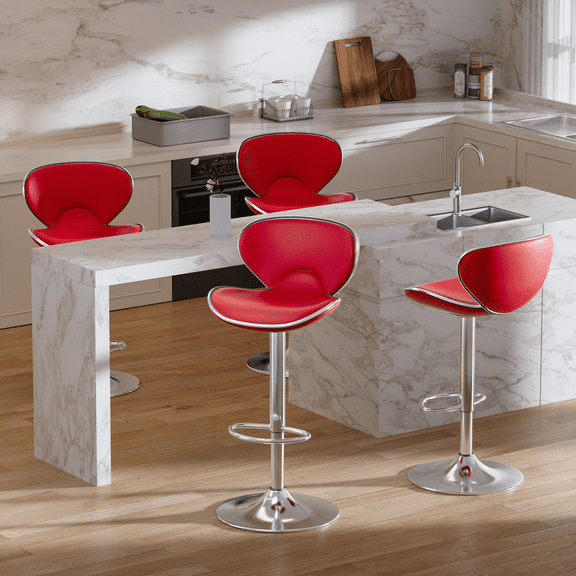 Bar Stools Set of 4, PU Leather Adjustable Swivel Bar Chairs for Kitchen Counter Island, Modern Armless Shell-Shaped Counter Height Stools for Dining Room Café Pub (Red)
