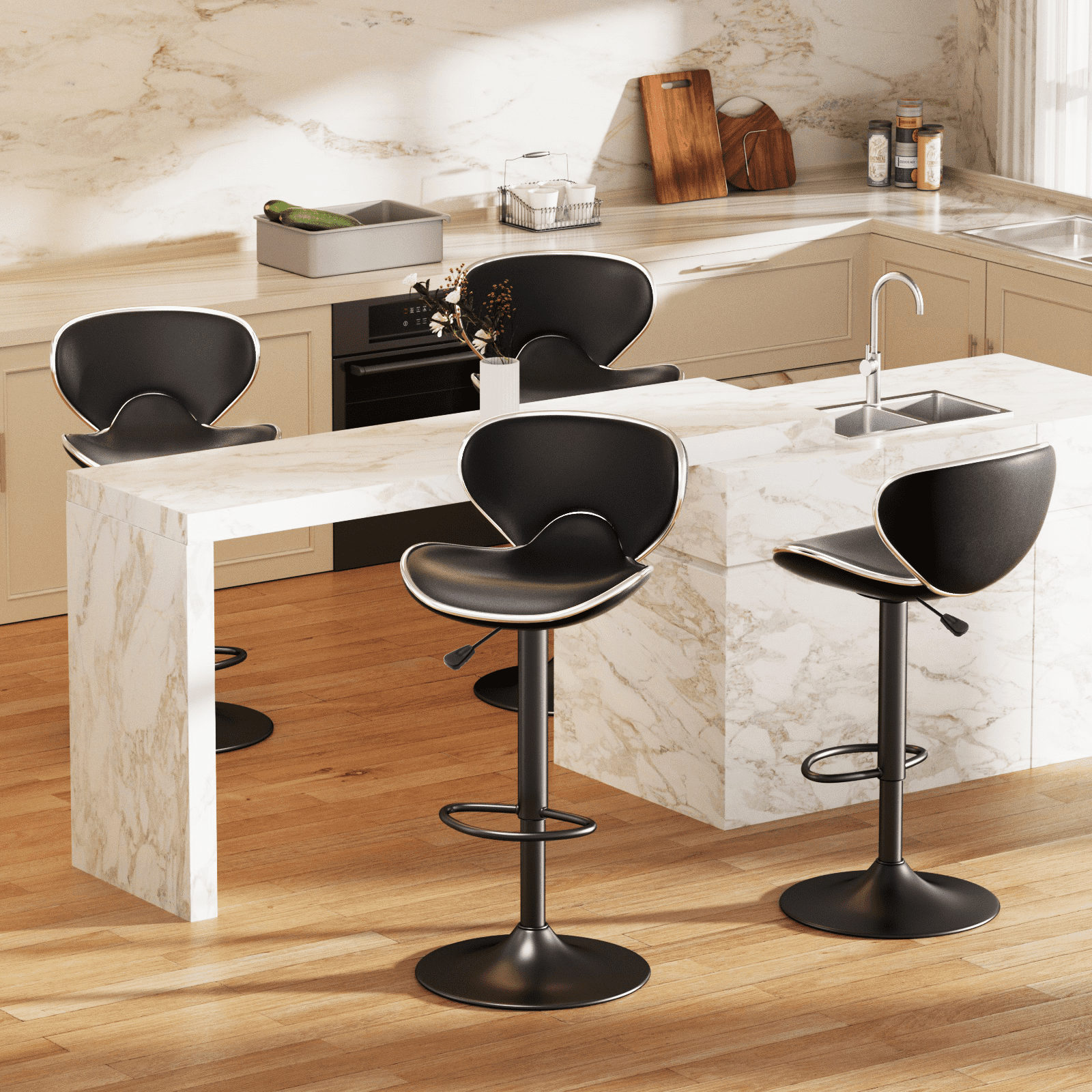 Bar Stools Set of 4, PU Leather Adjustable Swivel Bar Chairs for Kitchen Counter Island, Modern Armless Shell-Shaped Counter Height Stools for Dining Room Café Pub (Black, Black Base)