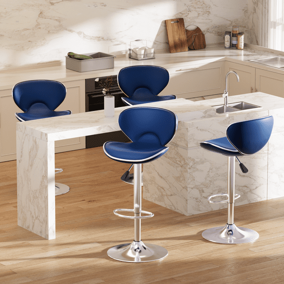 Bar Stools Set of 4, PU Leather Adjustable Swivel Bar Chairs for Kitchen Counter Island, Modern Armless Shell-Shaped Counter Height Stools for Dining Room Café Pub (Blue)
