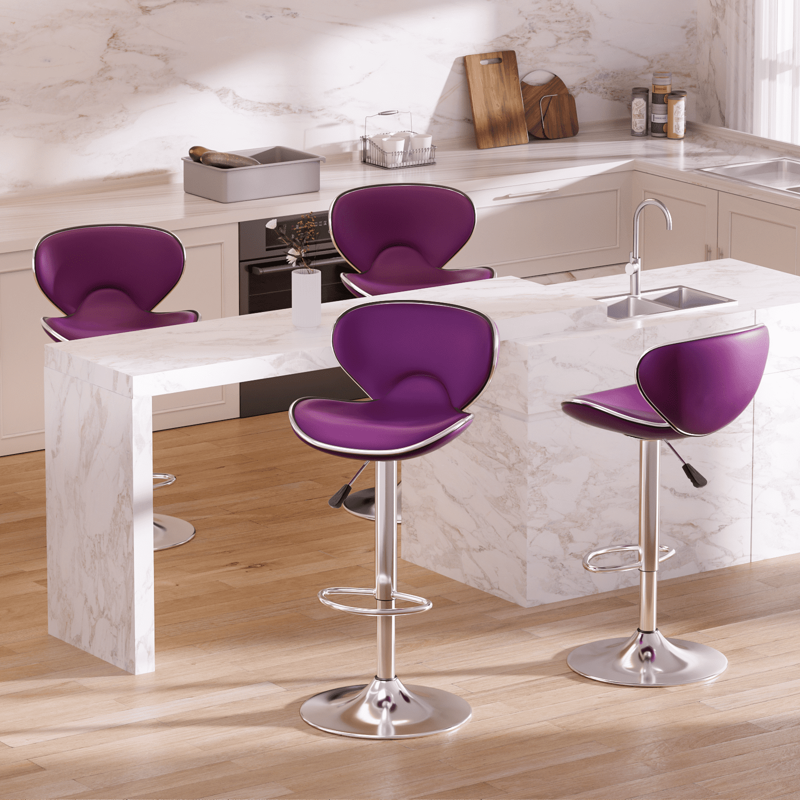 Bar Stools Set of 4, PU Leather Adjustable Swivel Bar Chairs for Kitchen Counter Island, Modern Armless Shell-Shaped Counter Height Stools for Dining Room Café Pub (Purple)