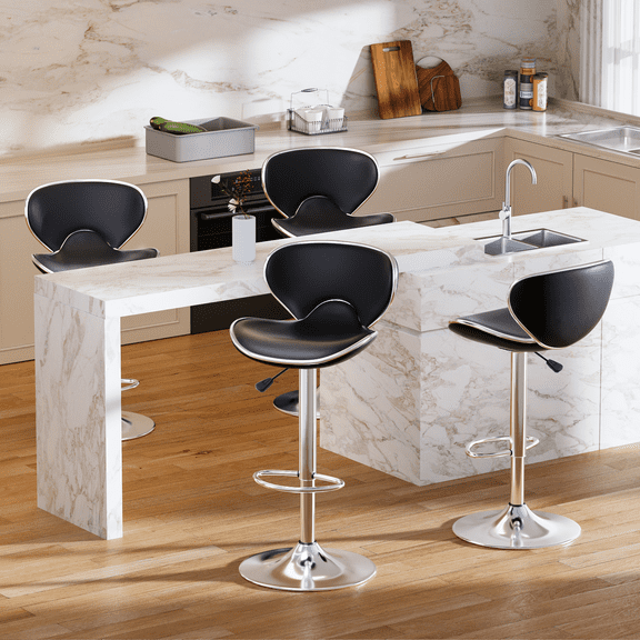Bar Stools Set of 4, PU Leather Adjustable Swivel Bar Chairs for Kitchen Counter Island, Modern Armless Shell-Shaped Counter Height Stools for Dining Room Café Pub (Black, Sliver Base)