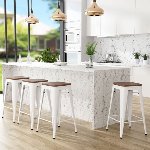Bar Stools Set of 4 Stackable Metal Bar Stools Industrial Counter Height Stools Backless Barstools with Wooden Seats (26 inch, White with Wooden Seats)