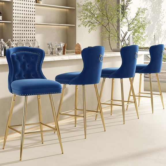Bar Stools Set of 4, Velvet Counter Height Bar Stools with Metal Legs, Button Tufted and Nailheads Trim, Wing-Back Bar Chairs for Kitchen Island Dining Room Pub