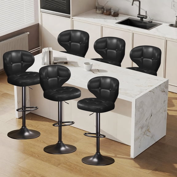 Bar Stools Set of 6, Adjustable Swivel Bar Chairs with 360° Rotation, Padded Counter Stools with Back and Footrest for Kitchen Island, Bistro, Cafe, and Home Use Black