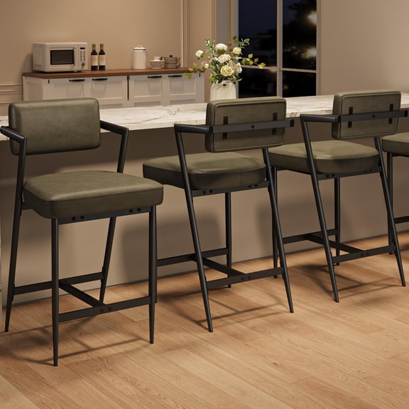 Bar Stools Set of 6 with Armrests, Counter Height Bar Stools of 6 with Backrest, Footrest, Thick Cushion & Thickened Metal Legs for Island, Counter Bar, Kitchen, Rustic Green