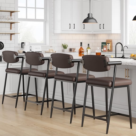 Bar Stools Set of 6 with Arms, 26" Modern 6-Piece Counter Height Metal Barstools Set with Back & Footrest, Upholstered Wider Seat, Sturdy Frame, for Counter Bar, Kitchen Island, Retro Brown