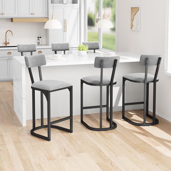 Bar Stools Set of 6, Counter Height Bar Stools for Dining Room, Island Chairs for Kitchen Table, Tall Barstools with Back, Metal Counter Stools with Upholstered for Home Bar (Gray)