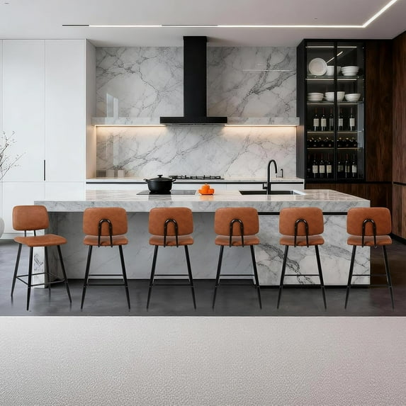Bar Stools Set of 6, Modern Counter Height Barstools, Armless Island/Bar Chairs for Kitchen Counter, with Faux Leather, Ergonomic Backrest, Thickened Metal Legs and Footrest (26 Inch, Brown)
