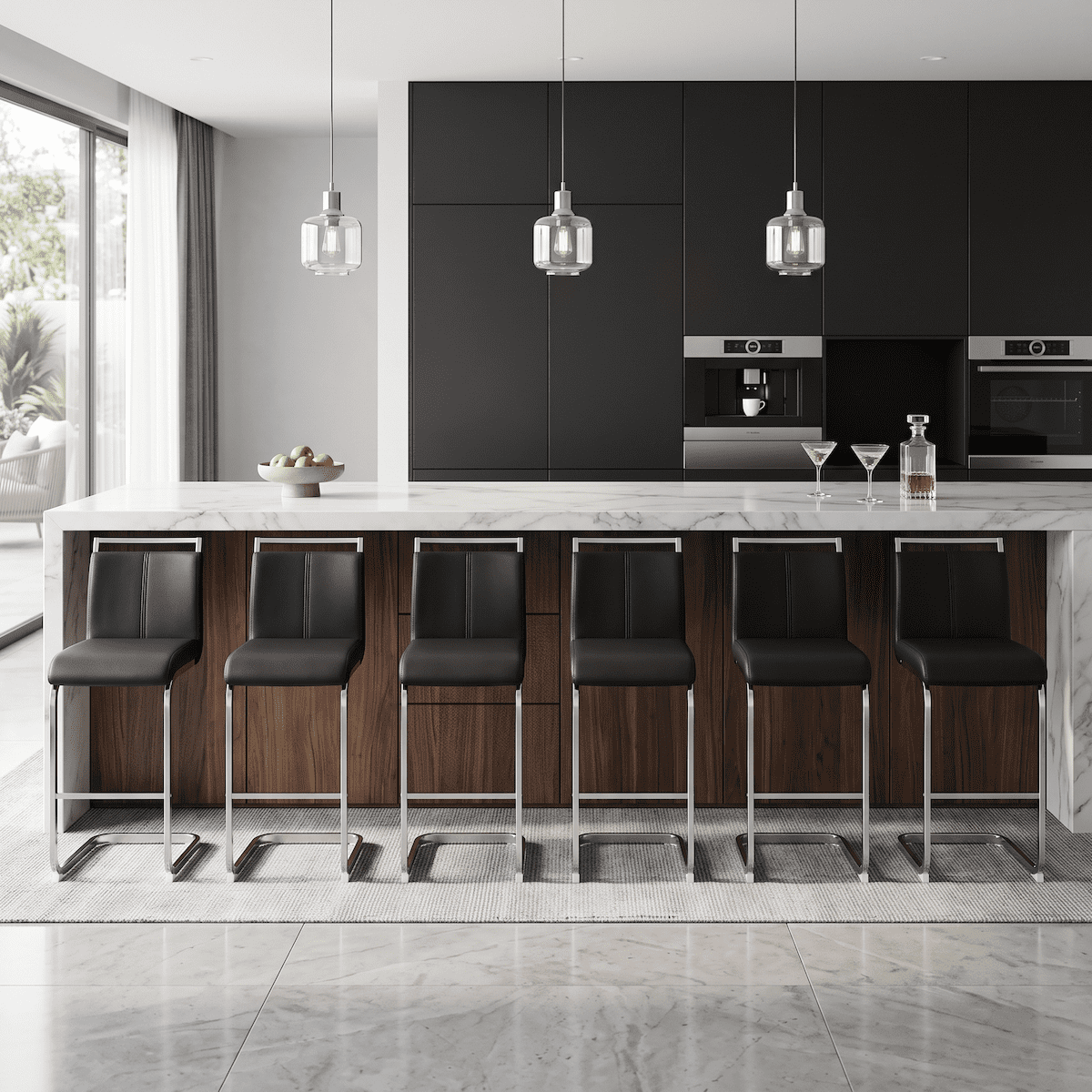 Bar Stools Set of 6, PU Leather Bar Stools 42.5 Inch High with C-Shaped Silver Metal Legs, Counter Height Stools for Kitchen Island, Home Bar, Dining Room and Terrace, Modern Bar Chairs