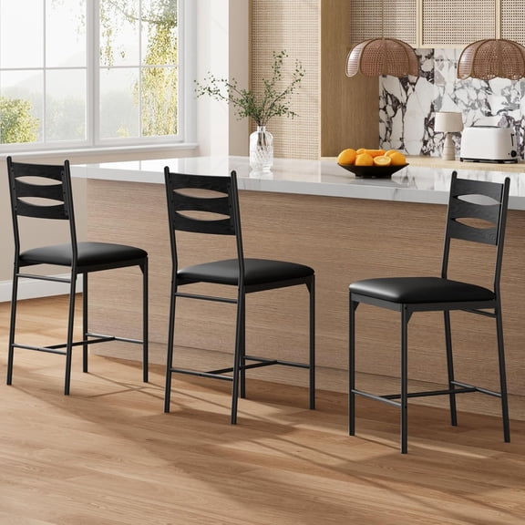 Bar Stools Set, Faux Leather Bar Chair with Back, Thick Cushion, Upholstered Counter Height Bar Stools with Footrest for Kitchen Island, Counter Bar
