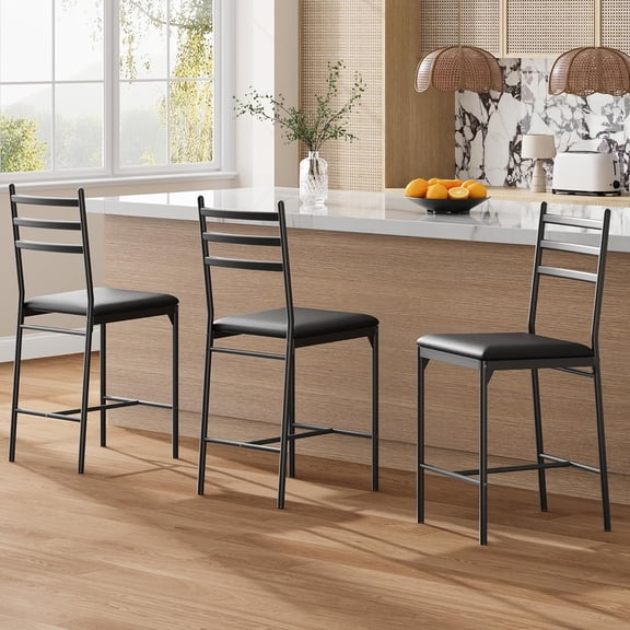Bar Stools Set, Faux Leather Bar Chair with Back, Thick Cushion, Upholstered Counter Height Bar Stools with Footrest for Kitchen Island, Counter Bar