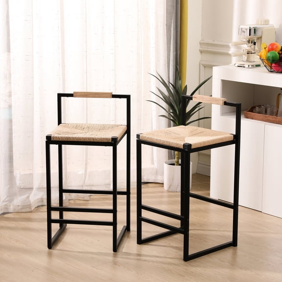 Bar Stools Set | Ideal for Entertaining Guests at Home | Boho - style Paper Rope Woven Seat | Comfortable and Stable