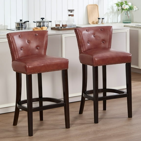 Bar Stools Set Of 2, 29.5 Inch Leather Seat Height Wooden Bar Chairs With Curved Backrest For Kitchen Island And Dining Room Use, Brown