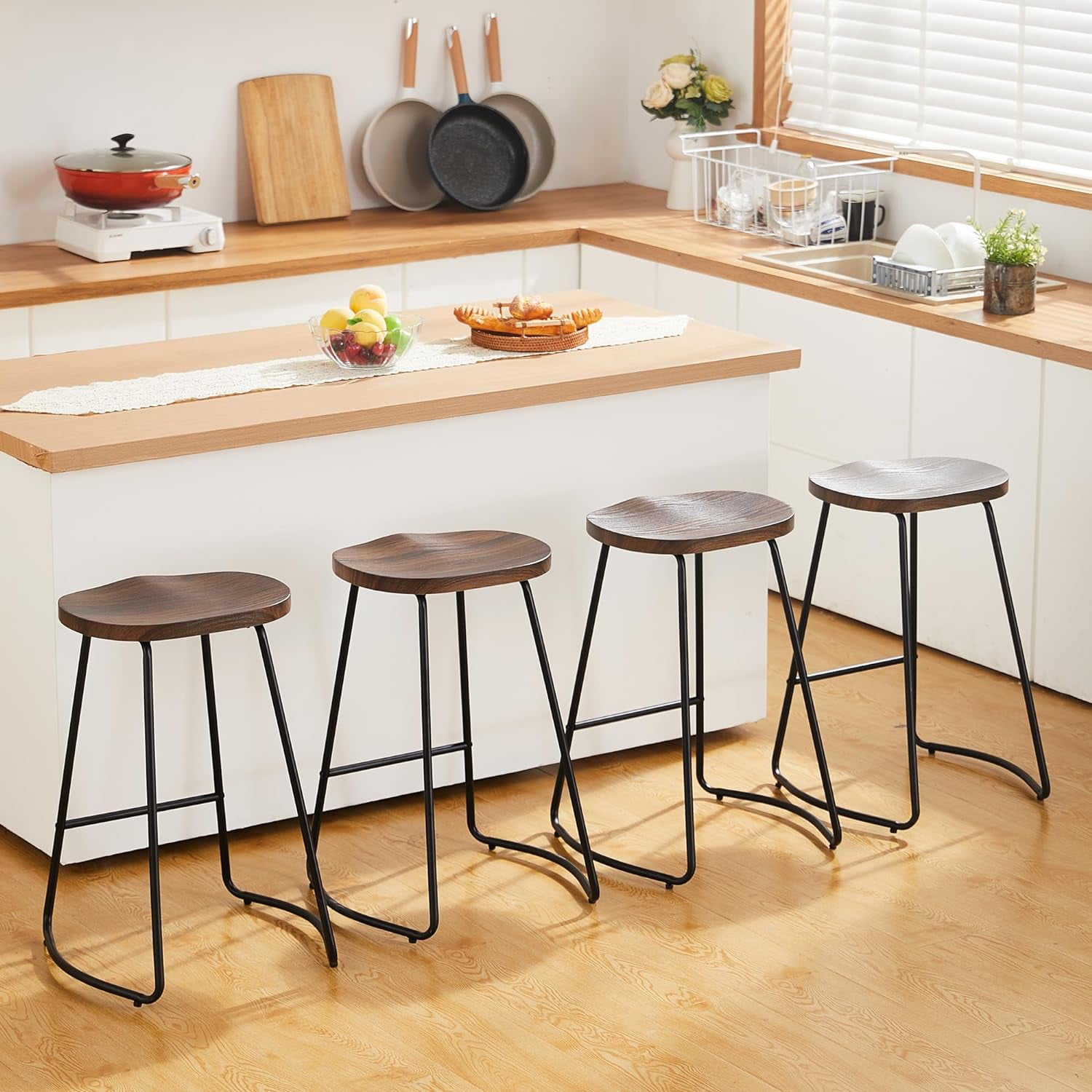 Bar Stools Set Of 4, Saddle Seat Bar Stools, Rustic Backless Wood ...