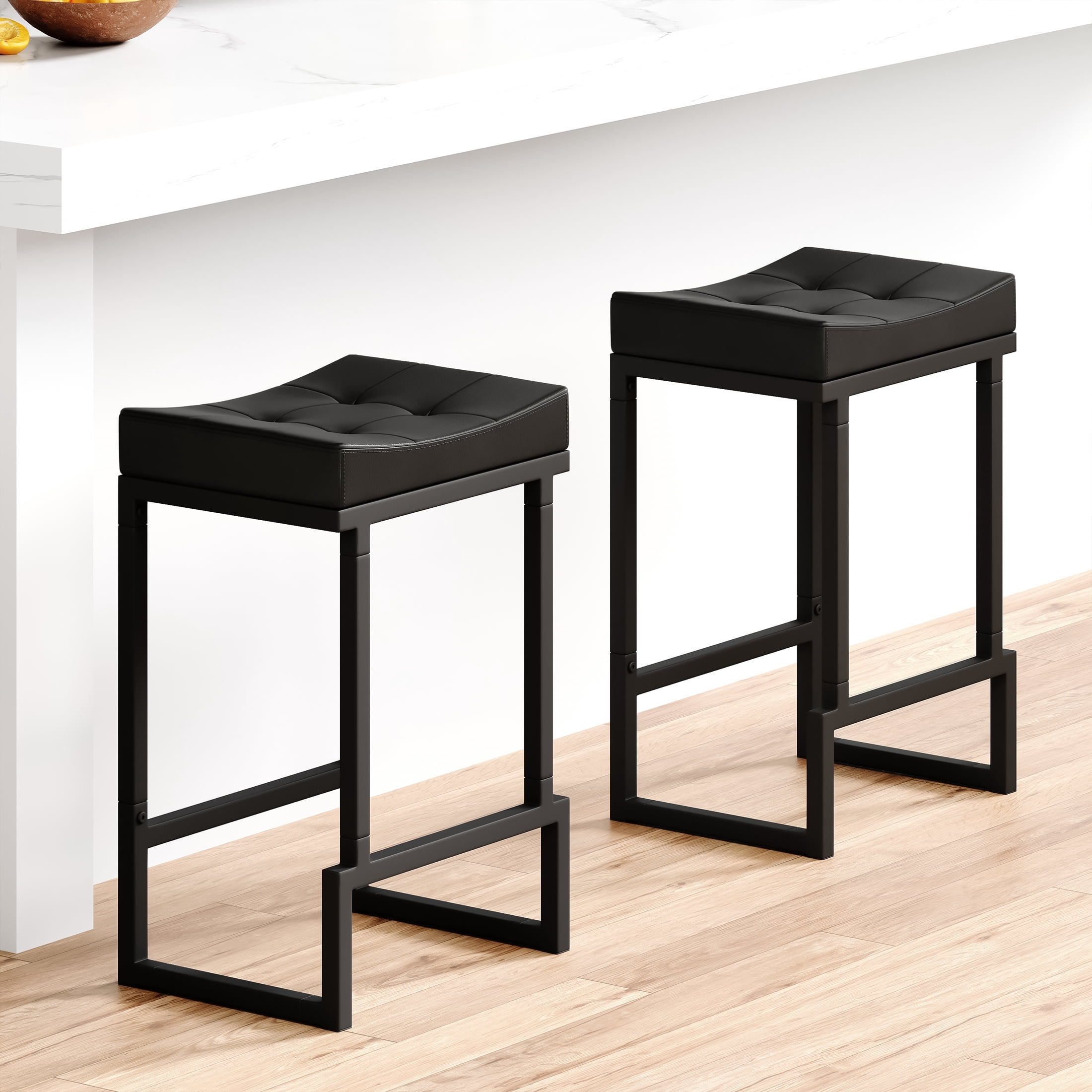 FIRAVOE Bar Stools Set of 2, 24" Counter Height Bar Stools (Backless) Faux Leather Saddle Counter Stools for Kitchen Island, Black