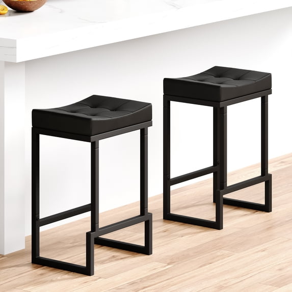 FIRAVOE Bar Stools Set of 2, 24" Counter Height Bar Stools (Backless) Faux Leather Saddle Counter Stools for Kitchen Island, Black