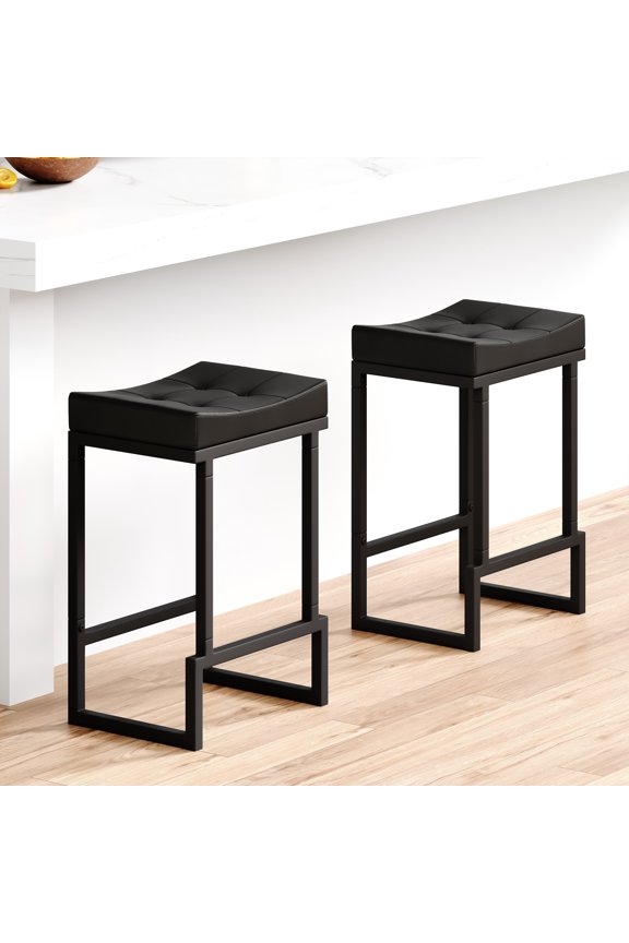 Bar Stools Set of 2, 24" Counter Height Bar Stools (Backless) Faux Leather Saddle Counter Stools for Kitchen Island, Black