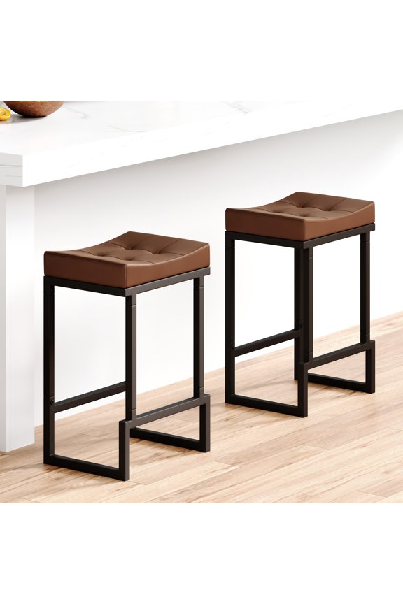 Bar Stools Set of 2, 24" Counter Height Bar Stools (Backless) Faux Leather Saddle Counter Stools for Kitchen Island, Brown