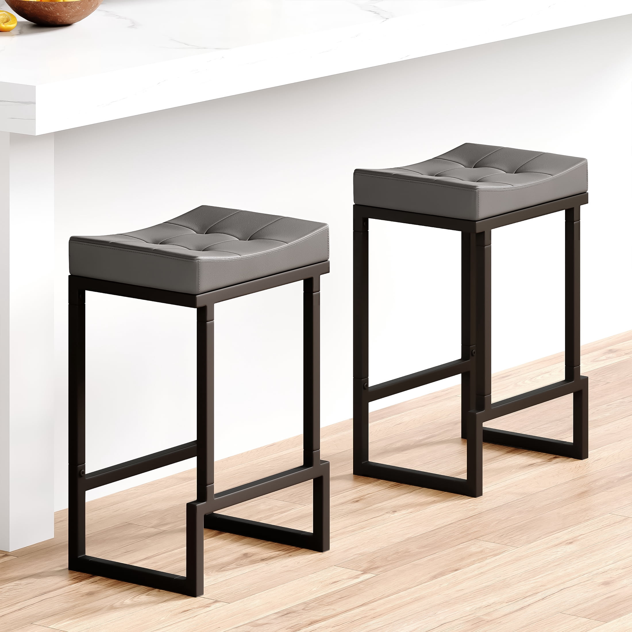 FIRAVOE Bar Stools Set of 2, 24" Counter Height Bar Stools (Backless) Faux Leather Saddle Counter Stools for Kitchen Island, Gray