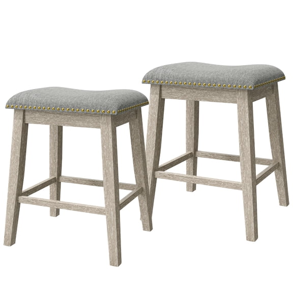 Bar Stools Set of 2, 24 Inch Counter Height Backless Saddle Stools with Cushioned Seat for Kitchen Island Dining Room Pub Cafe, Grey
