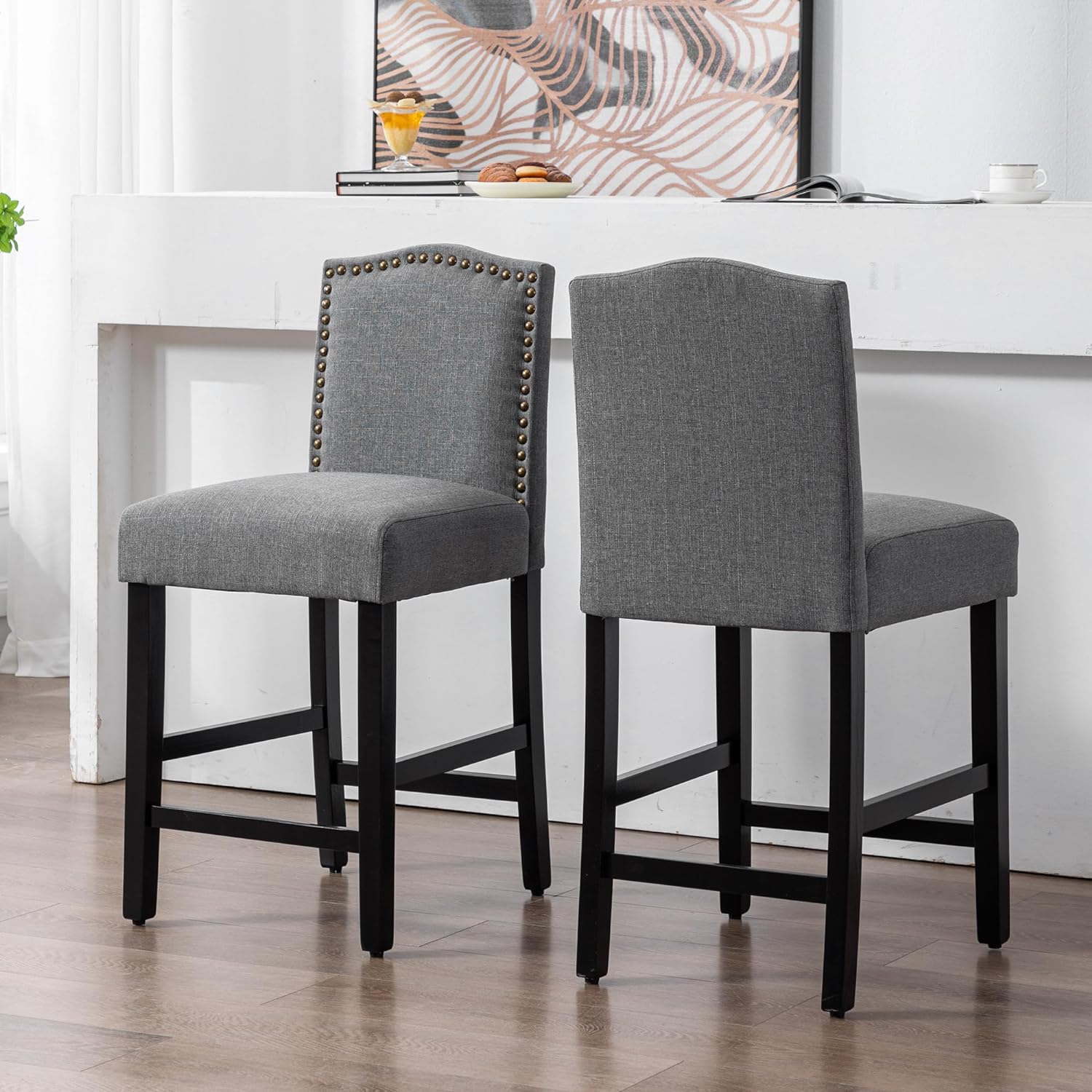 Bar Stools Set of 2, 24 inch Kitchen Island Wood Bar Chairs, Fabric